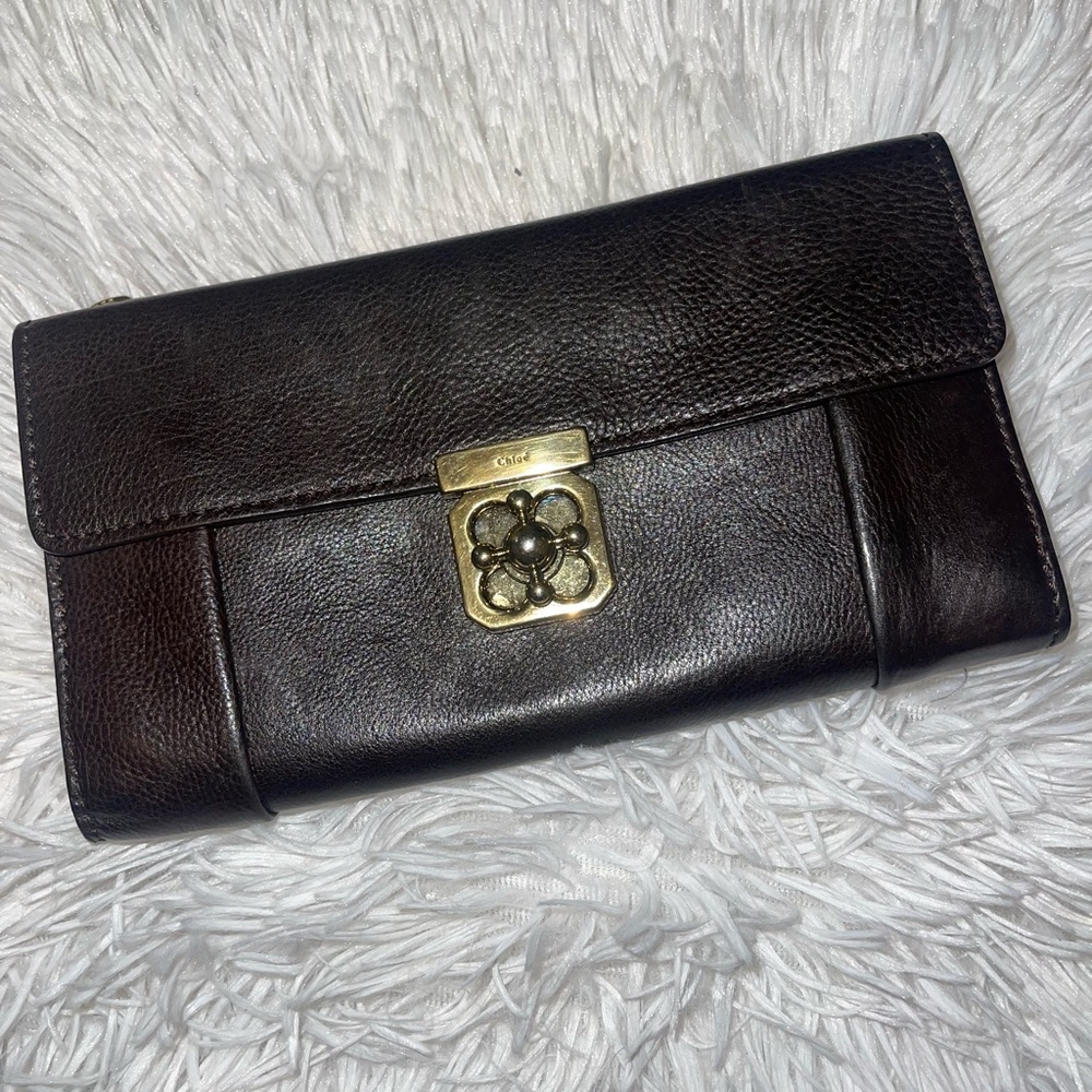 Chloe Black Leather Wallet with Gold Accent